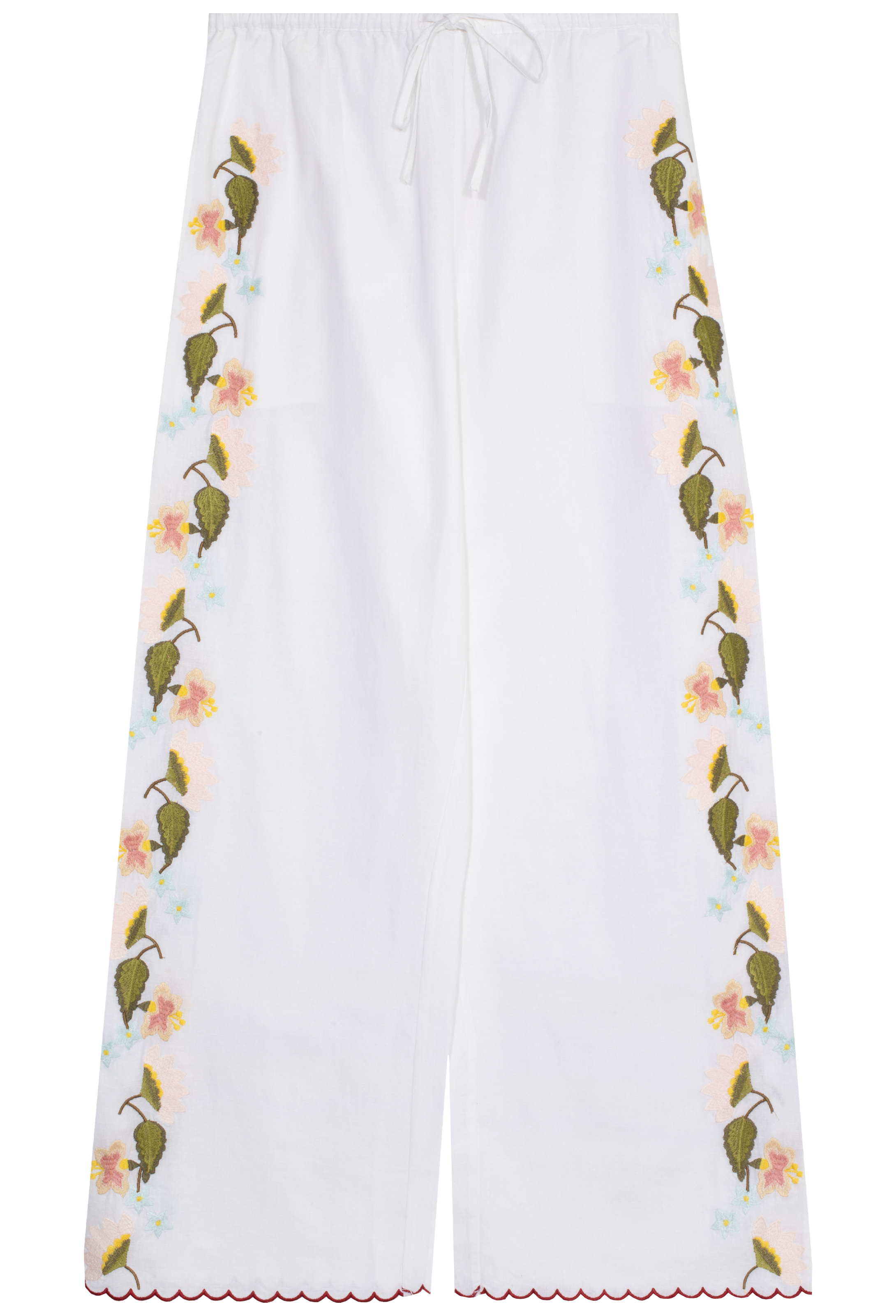 White pants with floral embroidery on a white background