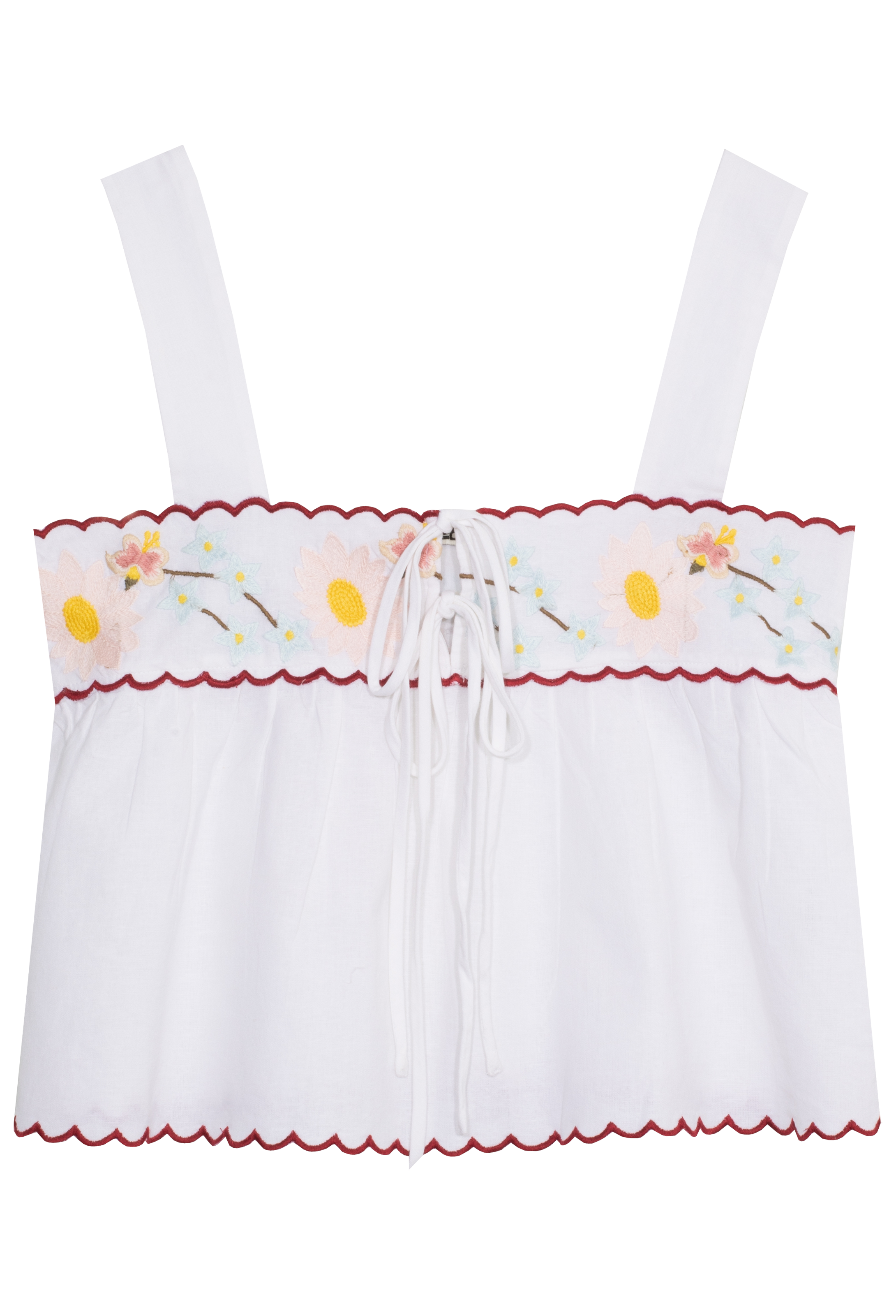 White top with floral embroidery on a white background