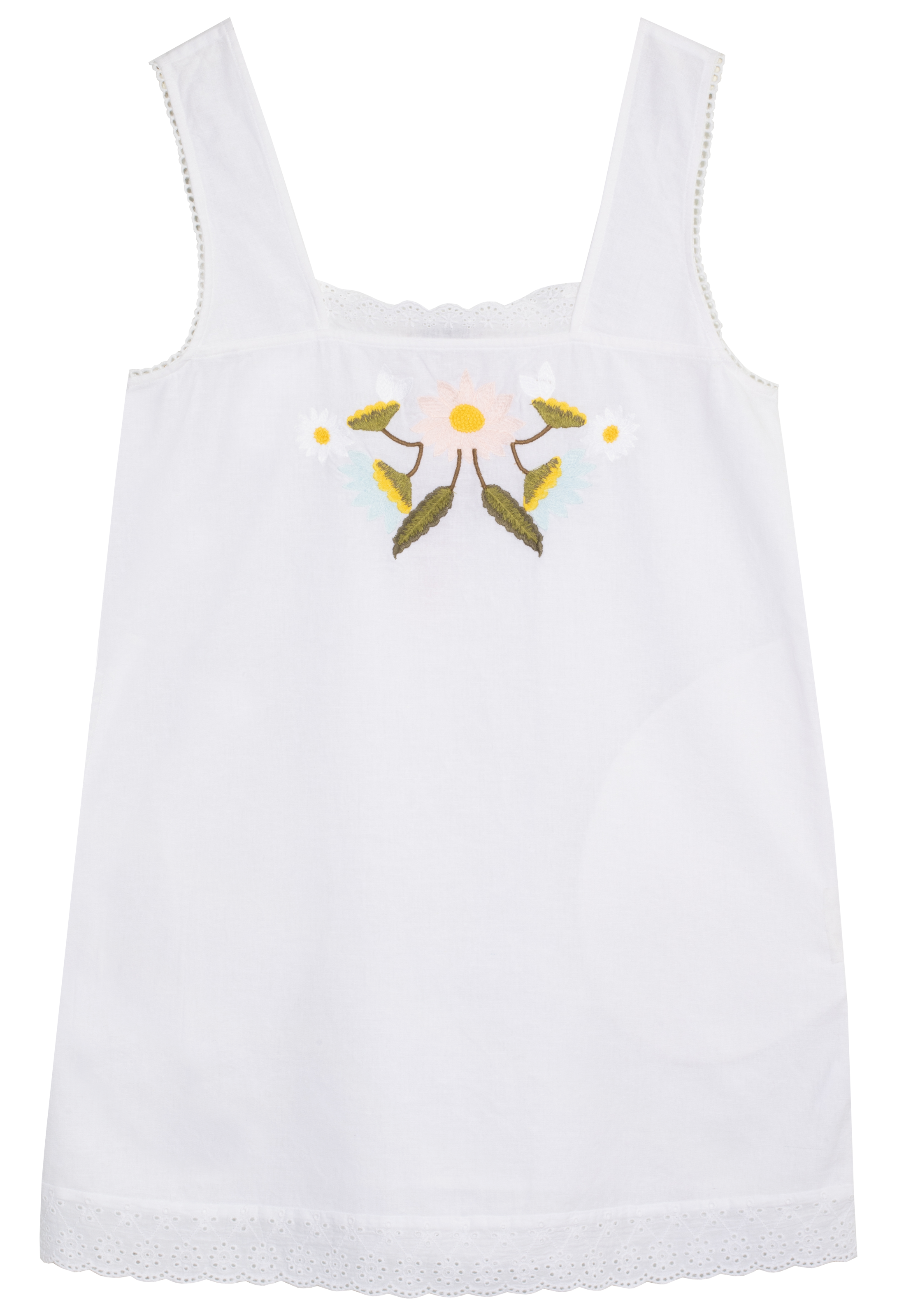 White tank top with floral embroidery on a white background