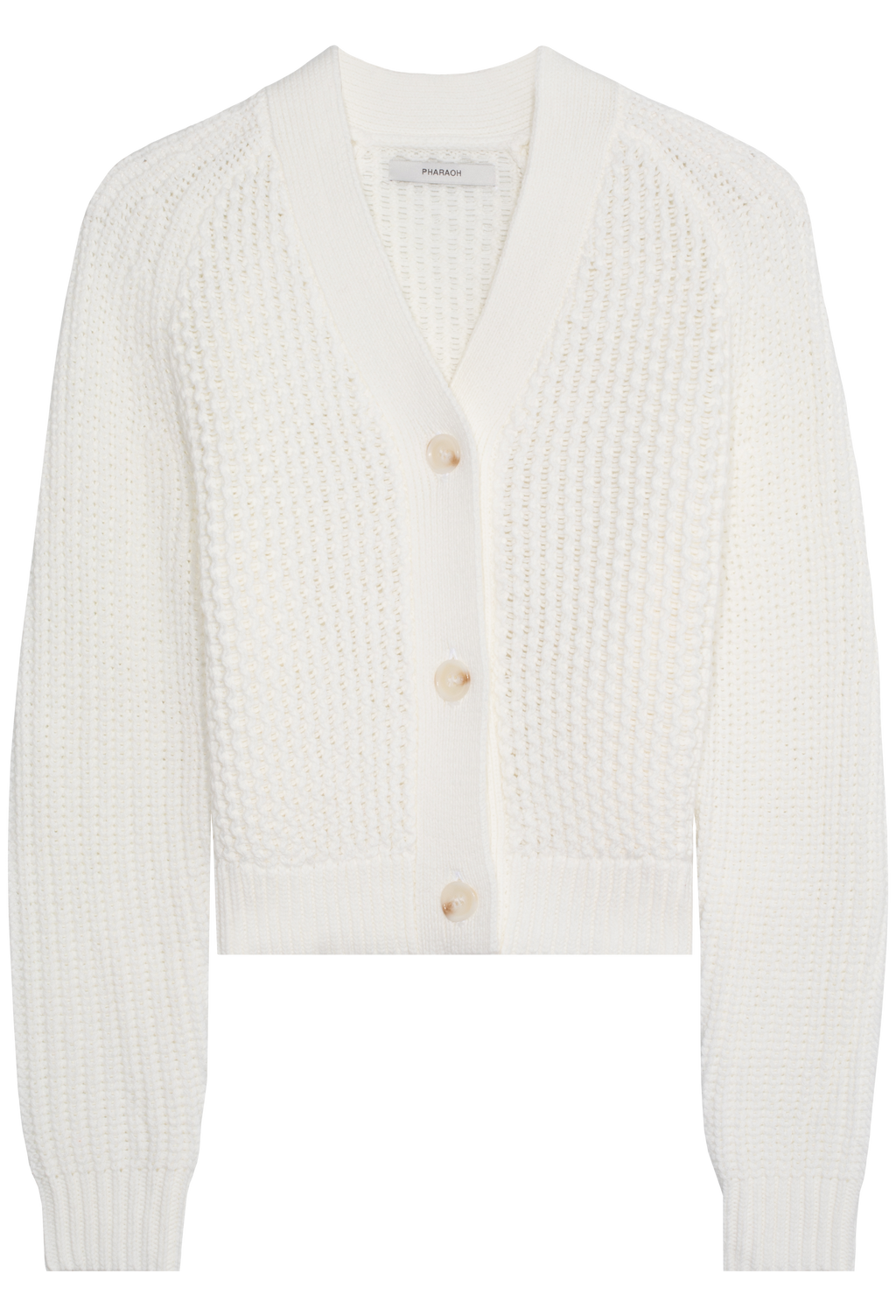 White ribbed knit cardigan on a white background