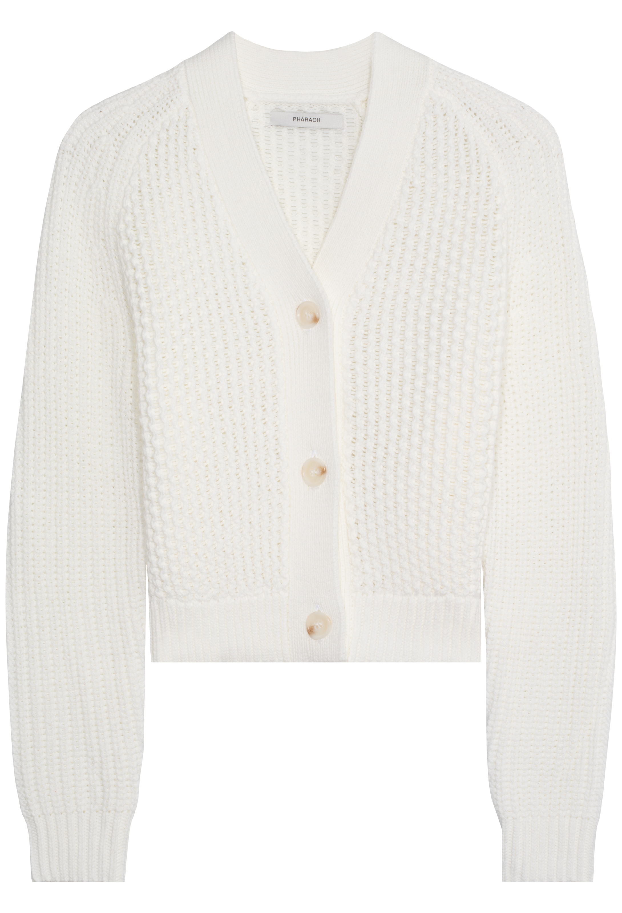 White ribbed knit cardigan on a white background