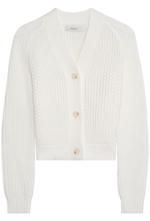White ribbed knit cardigan on a white background