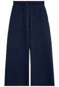 Navy blue wide-leg pants with a drawstring waist on a white background