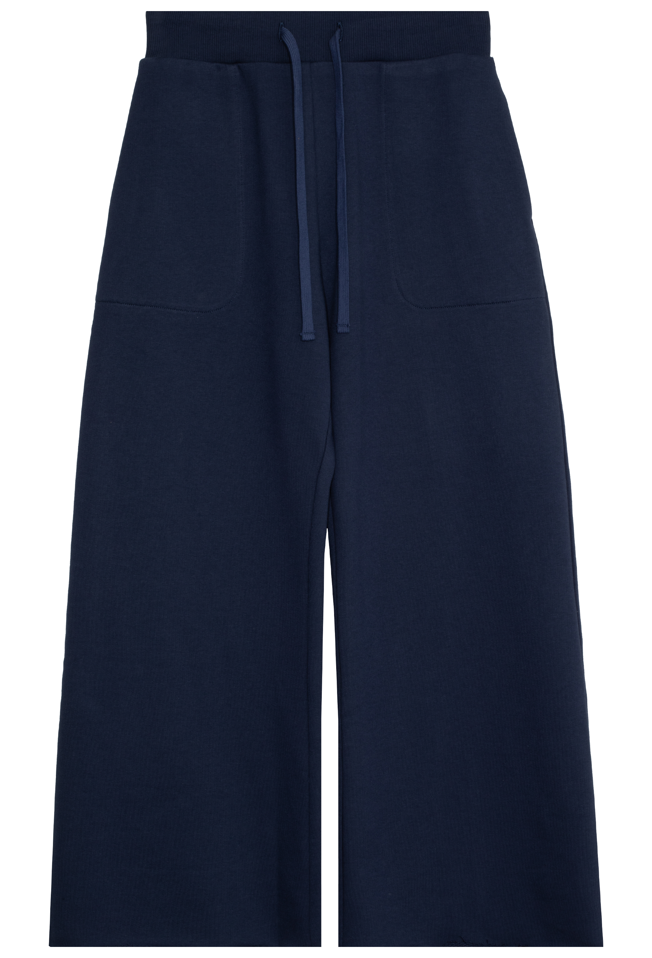 Navy blue wide-leg pants with a drawstring waist on a white background