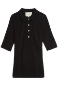 Black ribbed top with buttons on a white background