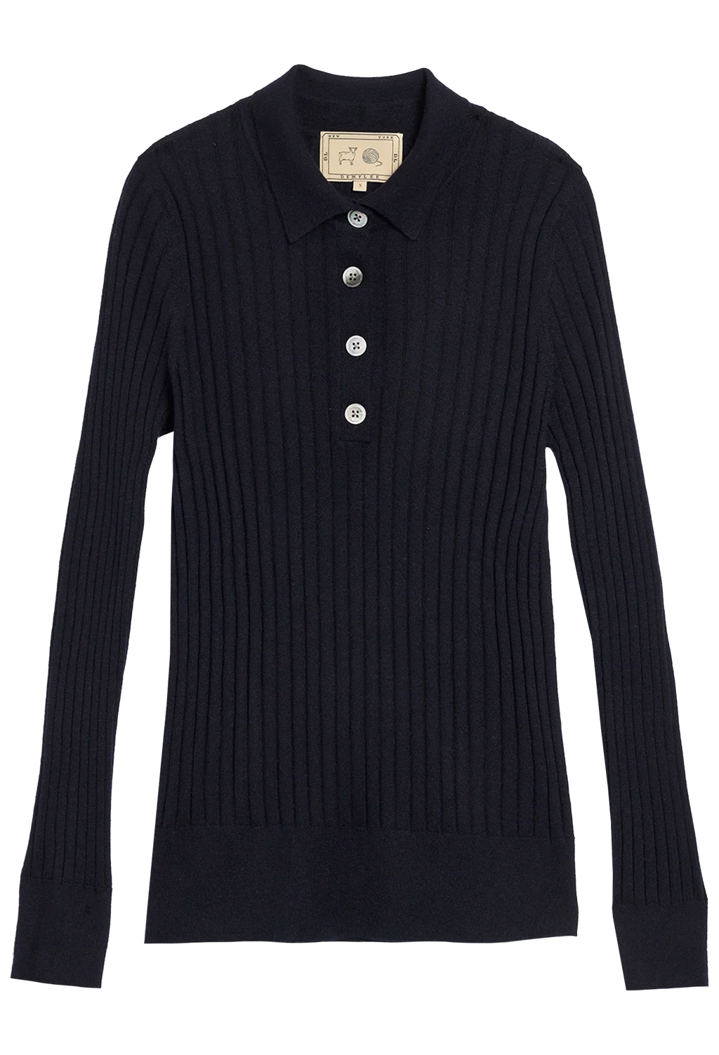 navy ribbed sweater with button details on a white background