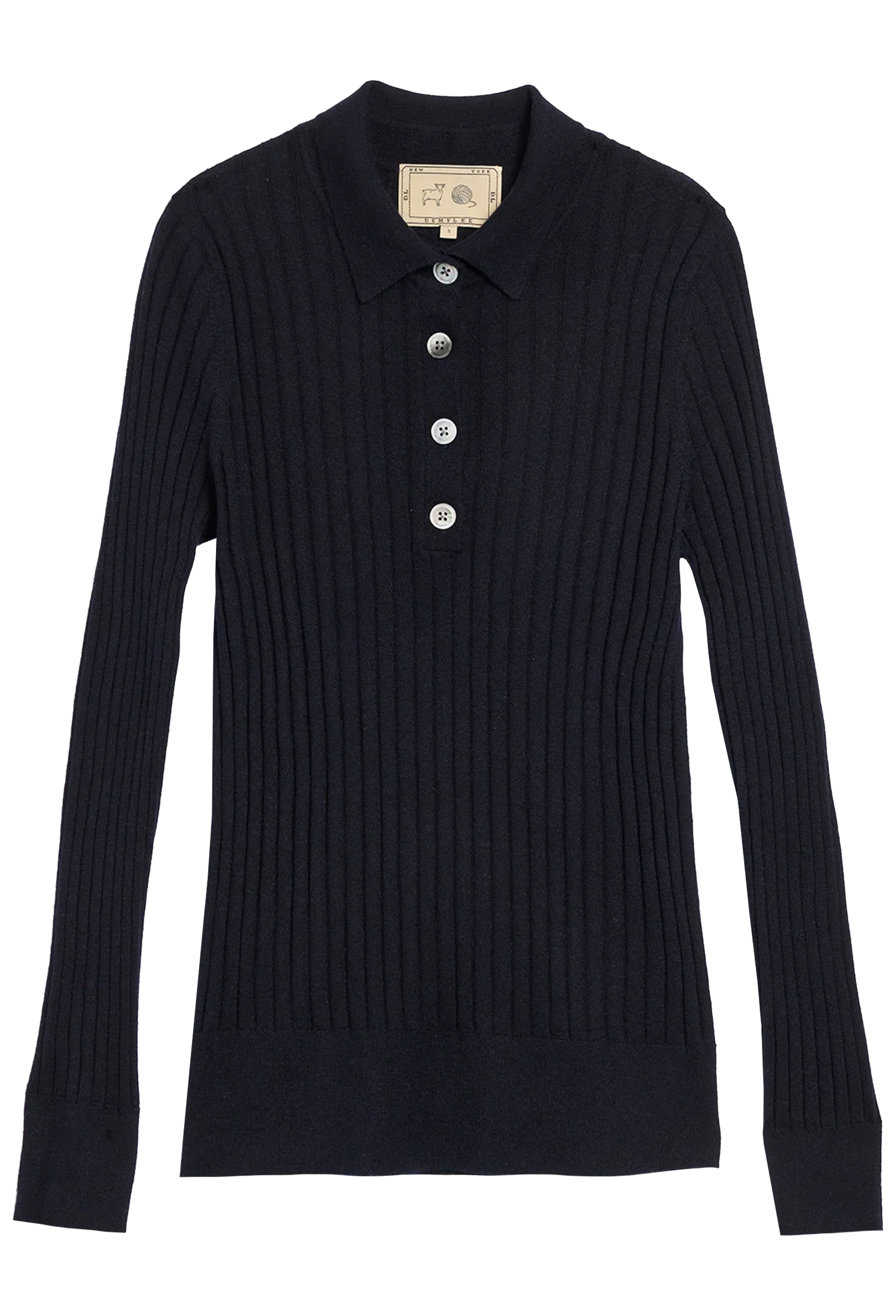 navy ribbed sweater with button details on a white background