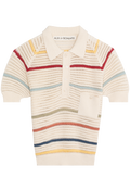 Knitted white polo with colorful stripes on a white background