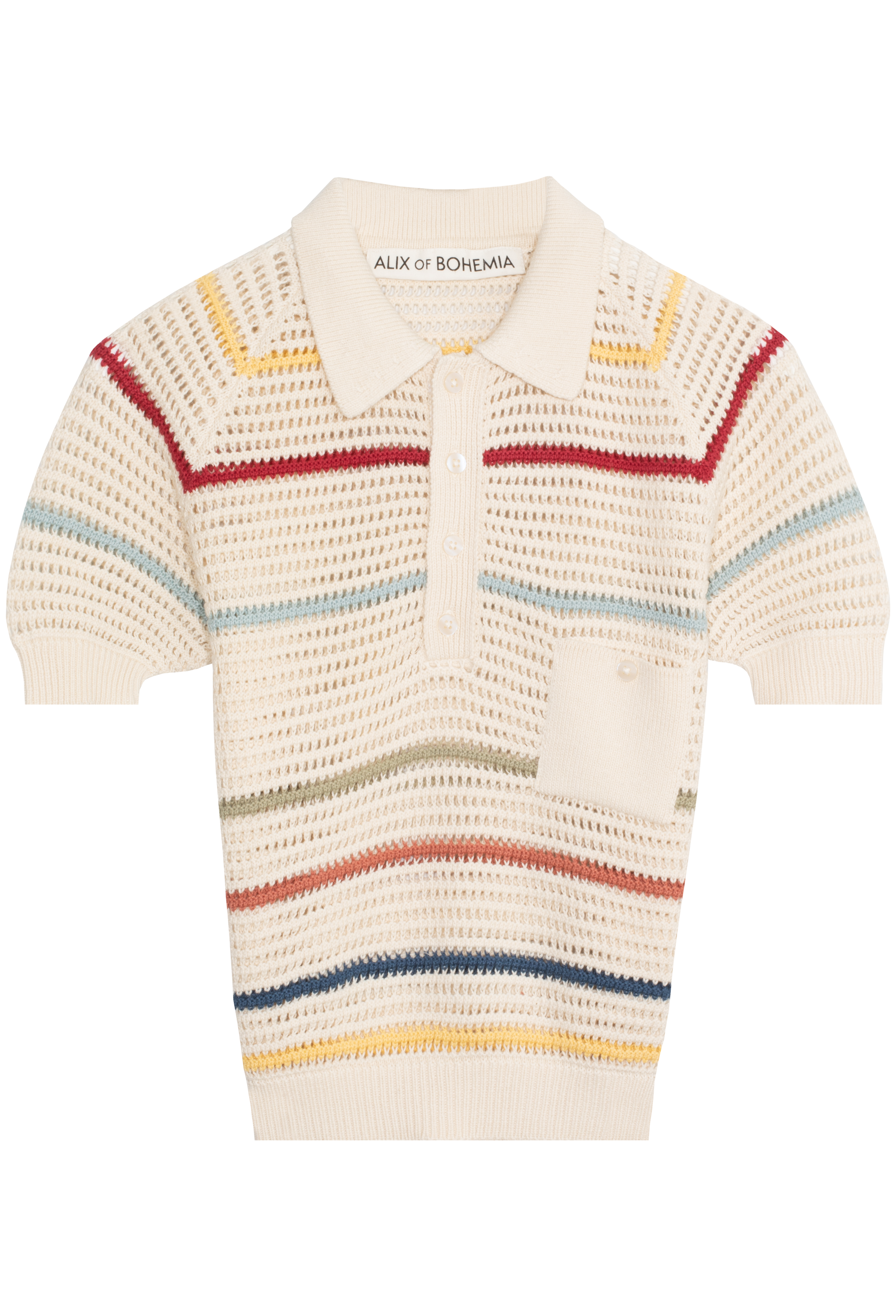 Knitted white polo with colorful stripes on a white background