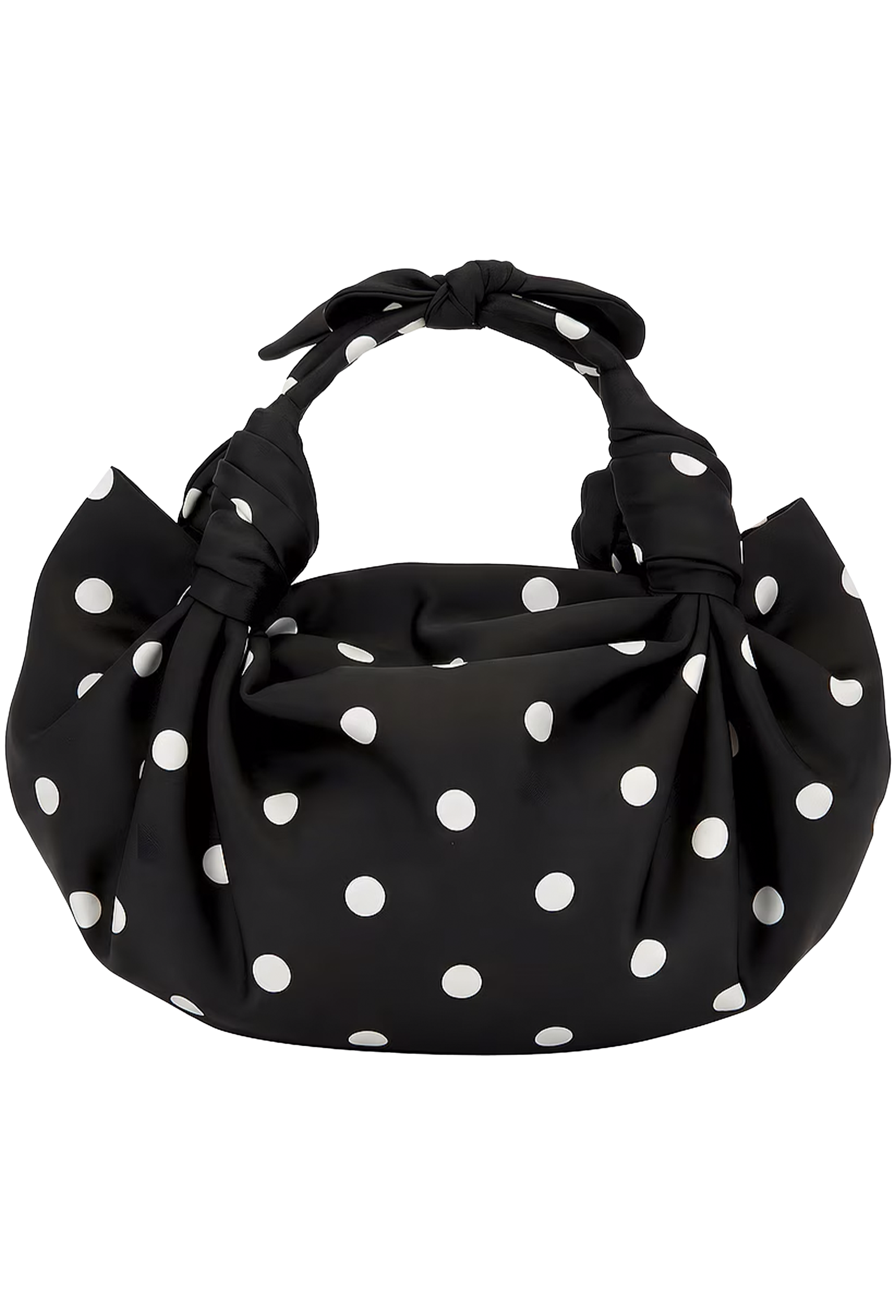 Black polka dot bag with a bow on a white background