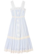 Light blue dress with white lace details on a white background
