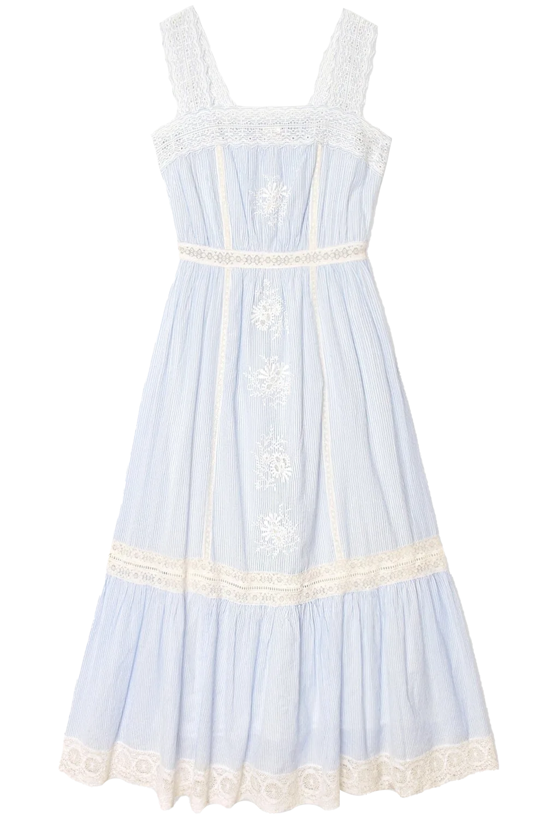 Light blue dress with white lace details on a white background