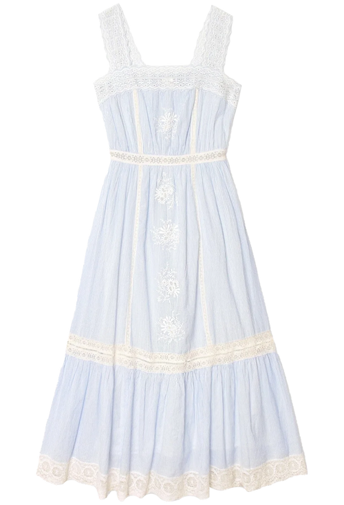 Light blue dress with white lace details on a white background