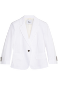 White blazer with a single button on a white background