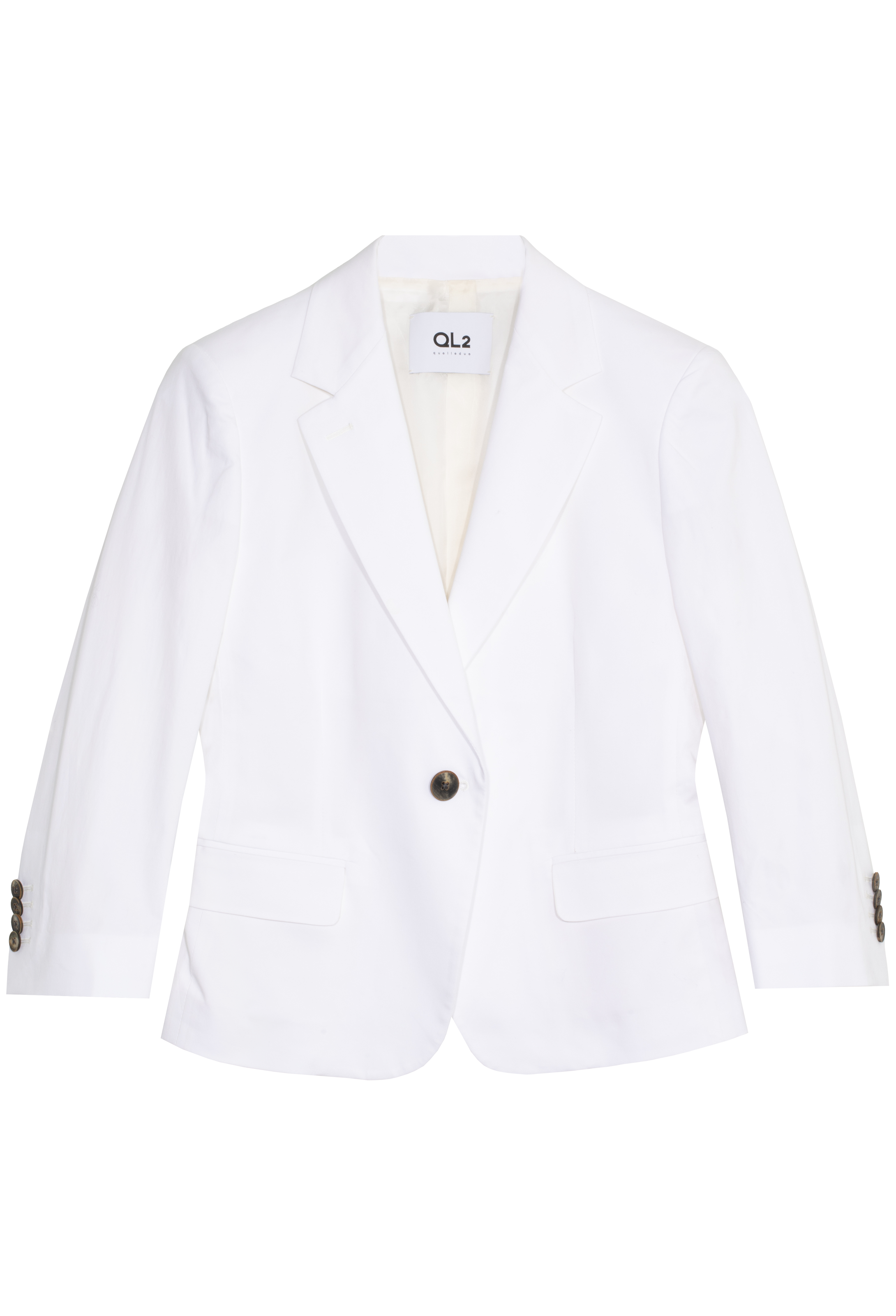 White blazer with a single button on a white background