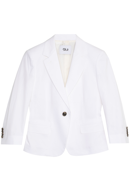 White blazer with a single button on a white background