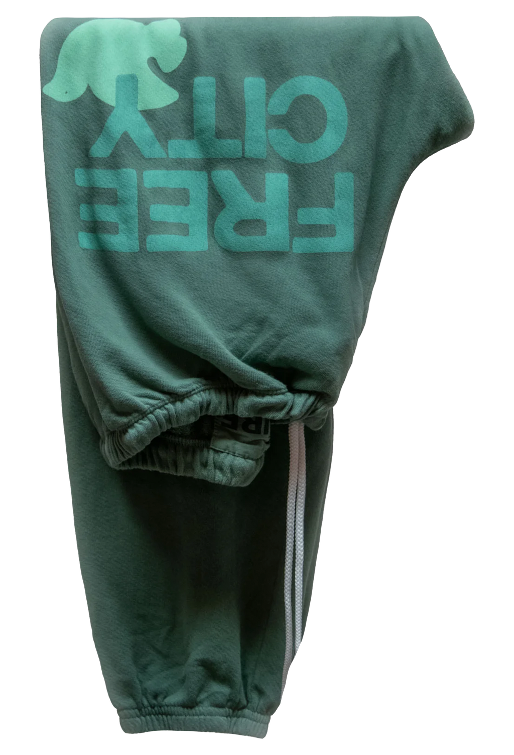Green sweatpants with 'FREE CITY' text on a white background