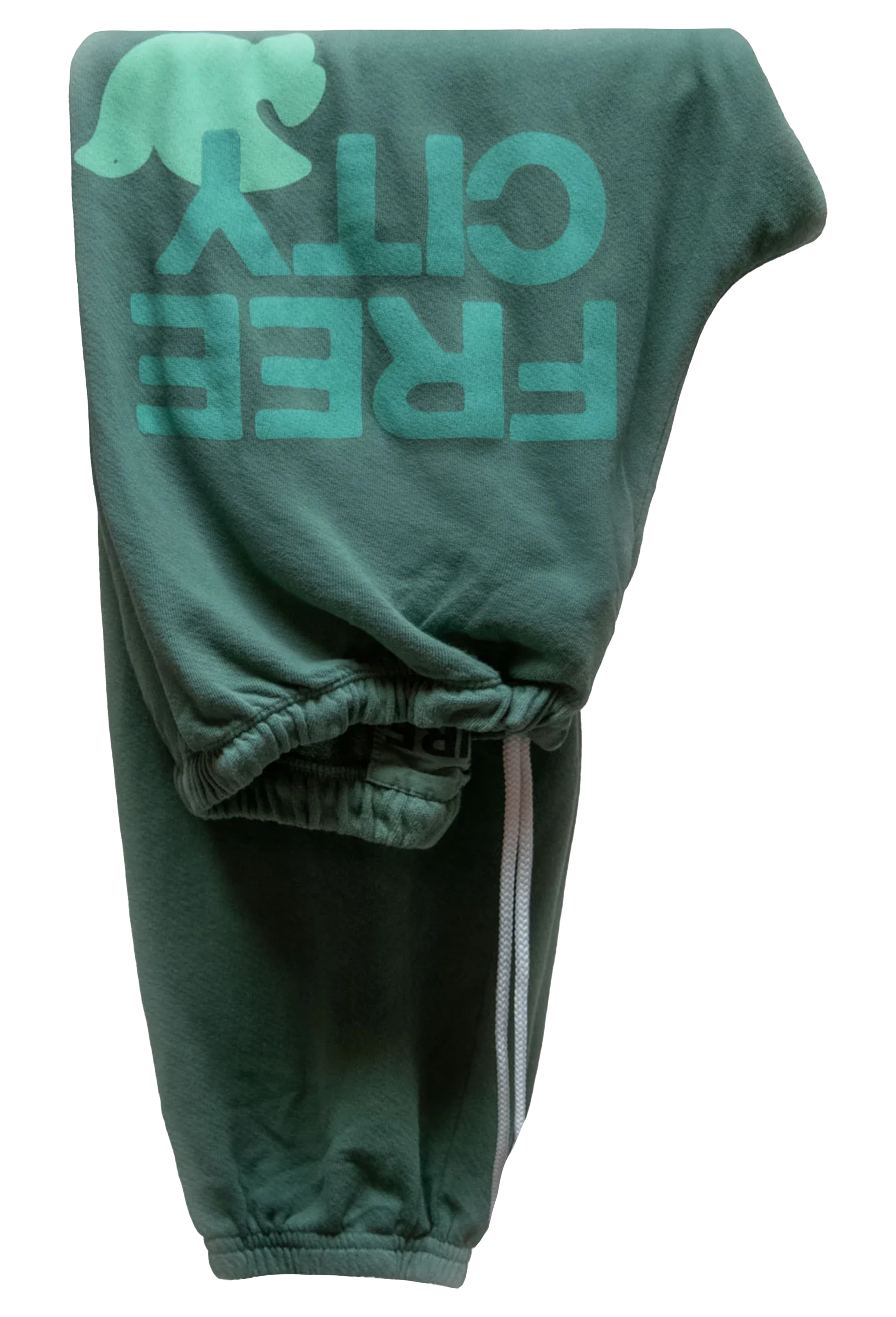 Green sweatpants with 'FREE CITY' text on a white background