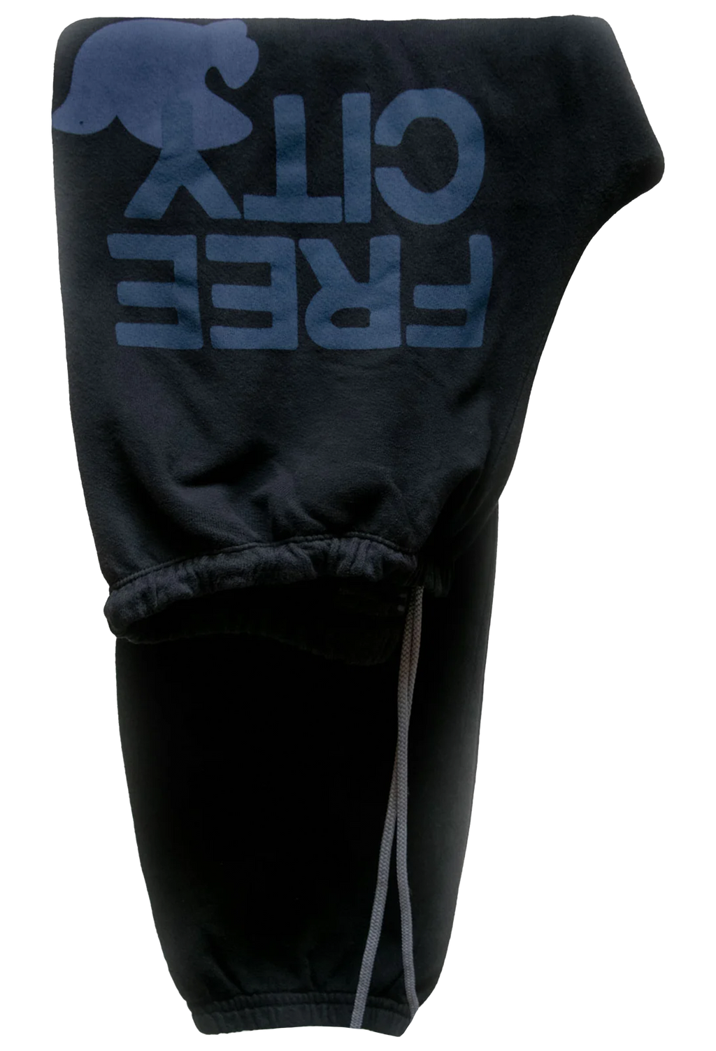 dark blue sweatpants with blue text on a white background