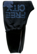 dark blue sweatpants with blue text on a white background