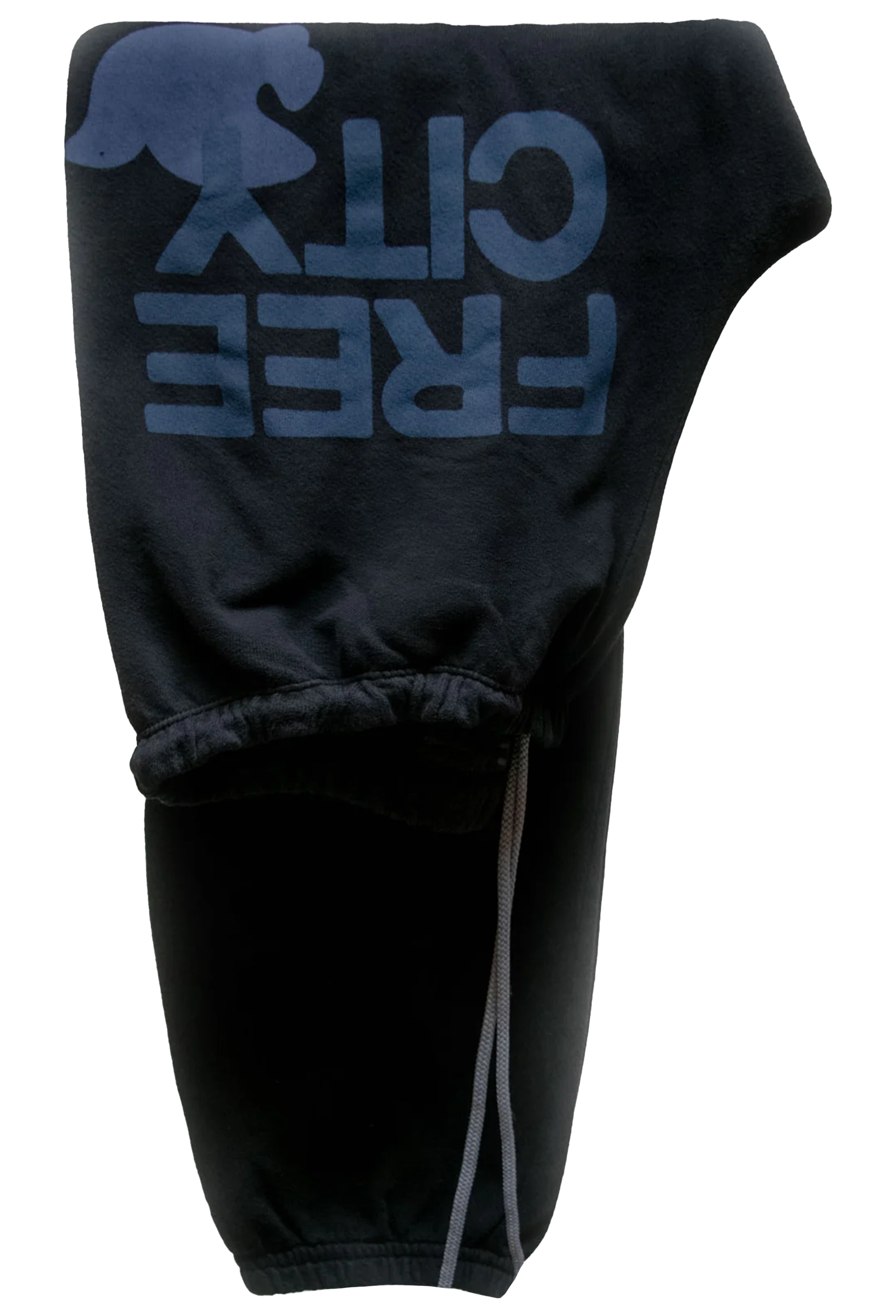 dark blue sweatpants with blue text on a white background