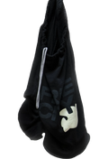 Black drawstring shorts with a logo on a white background