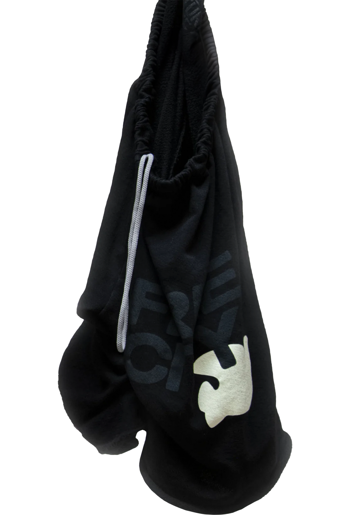 Black drawstring shorts with a logo on a white background