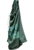 Green drawstring shorts with branding on a white background