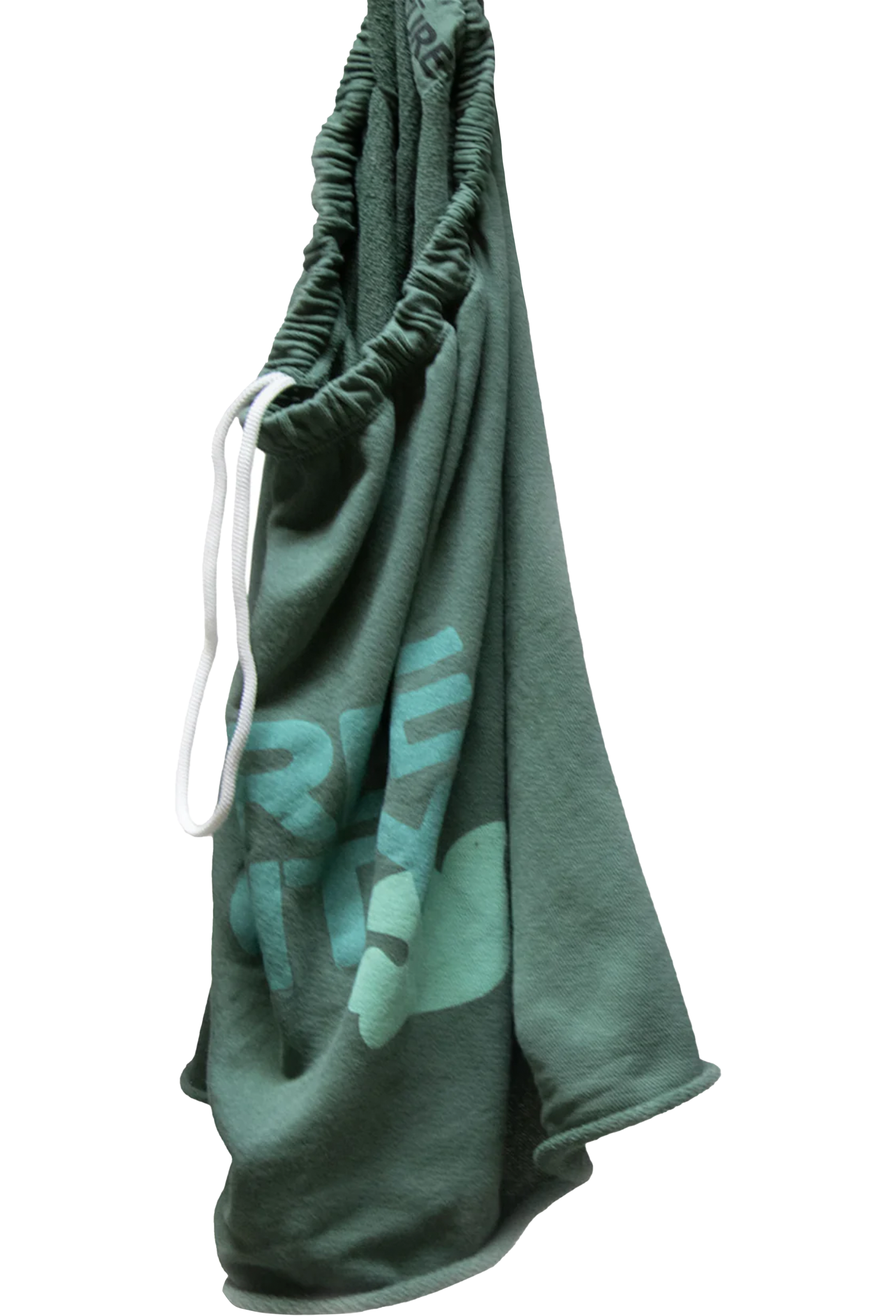 Green drawstring shorts with branding on a white background