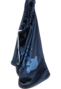 Blue sweat shorts with a white logo on a white background