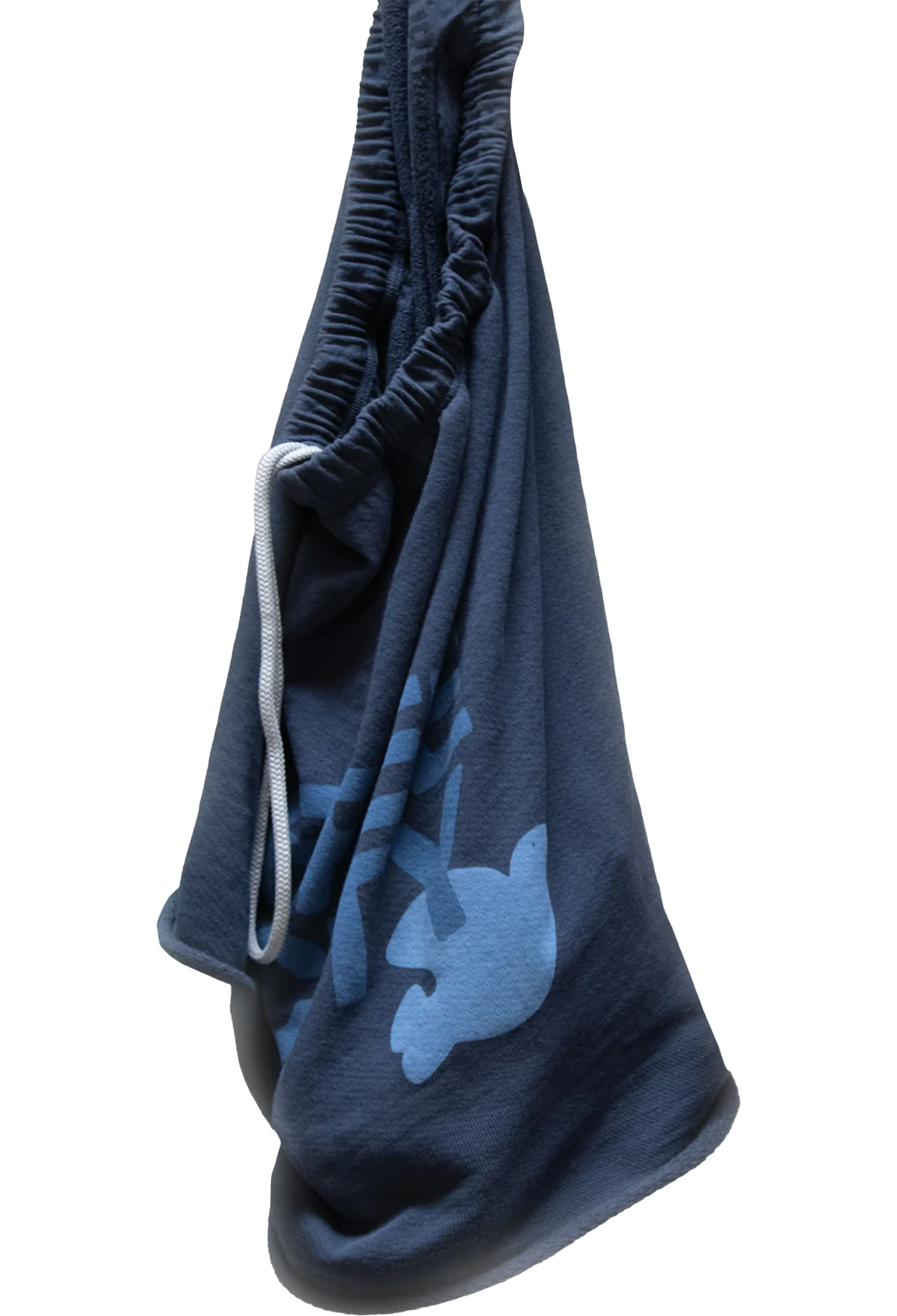Blue sweat shorts with a white logo on a white background