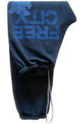 Blue sweatshirt with 'Free City' text on a white background