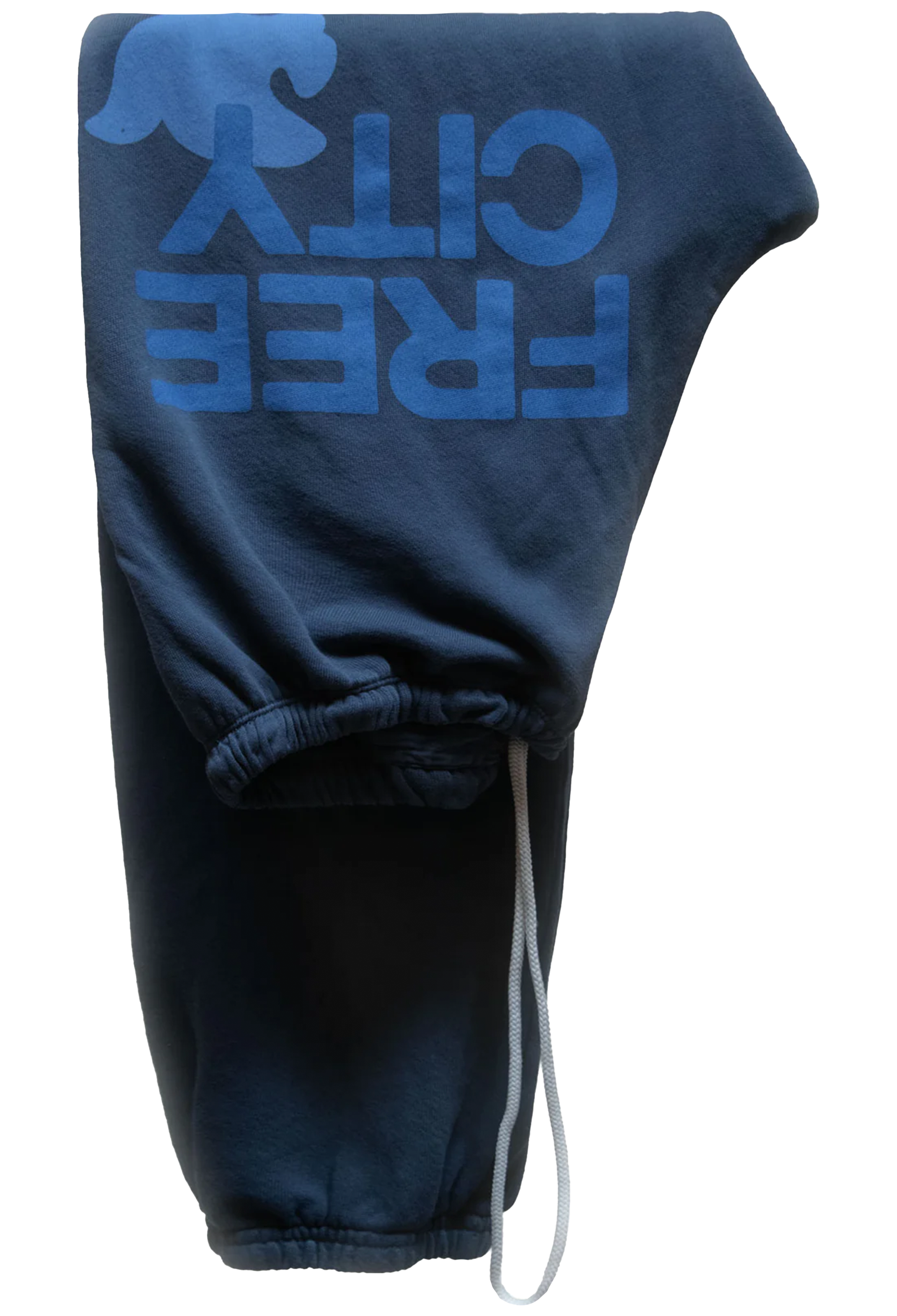 Blue sweatshirt with 'Free City' text on a white background