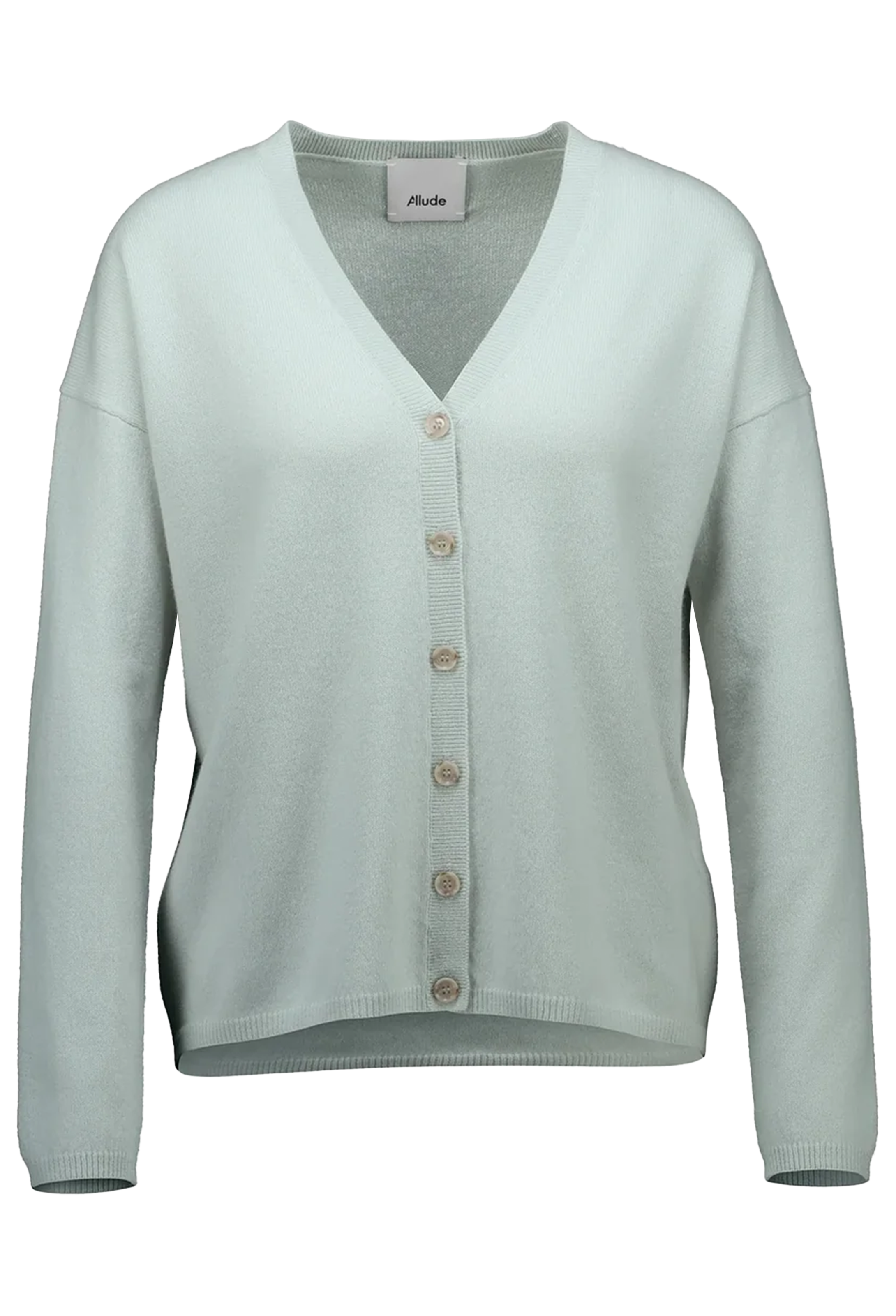 Light green cardigan with buttons on a white background