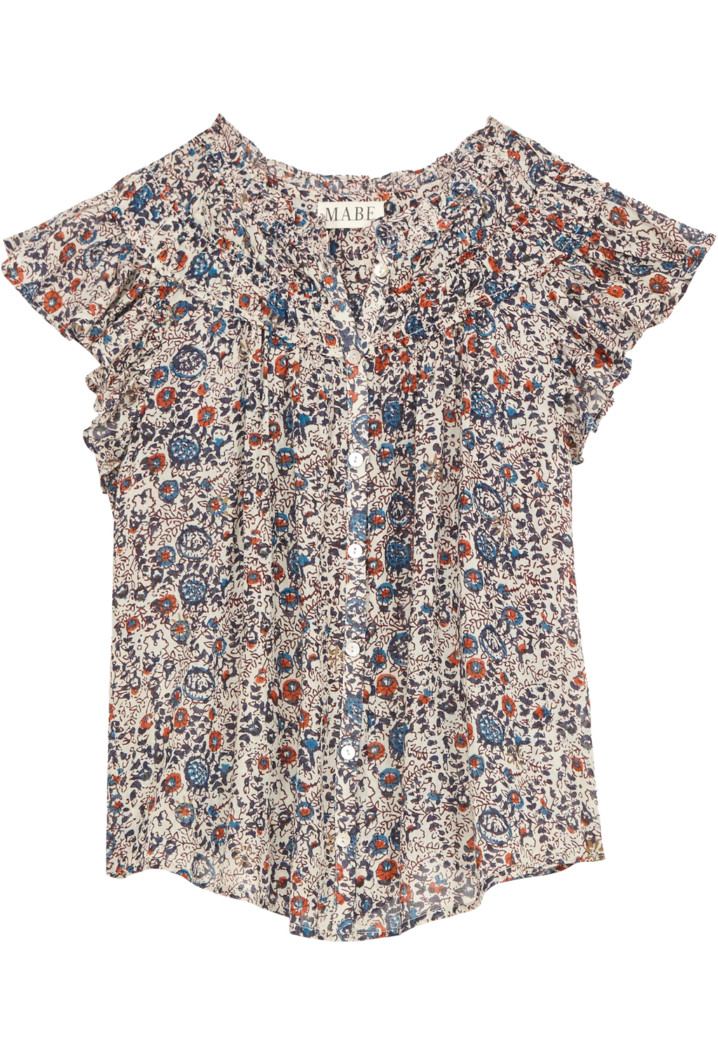 a frilly short sleeve top with a floral print on a white background
