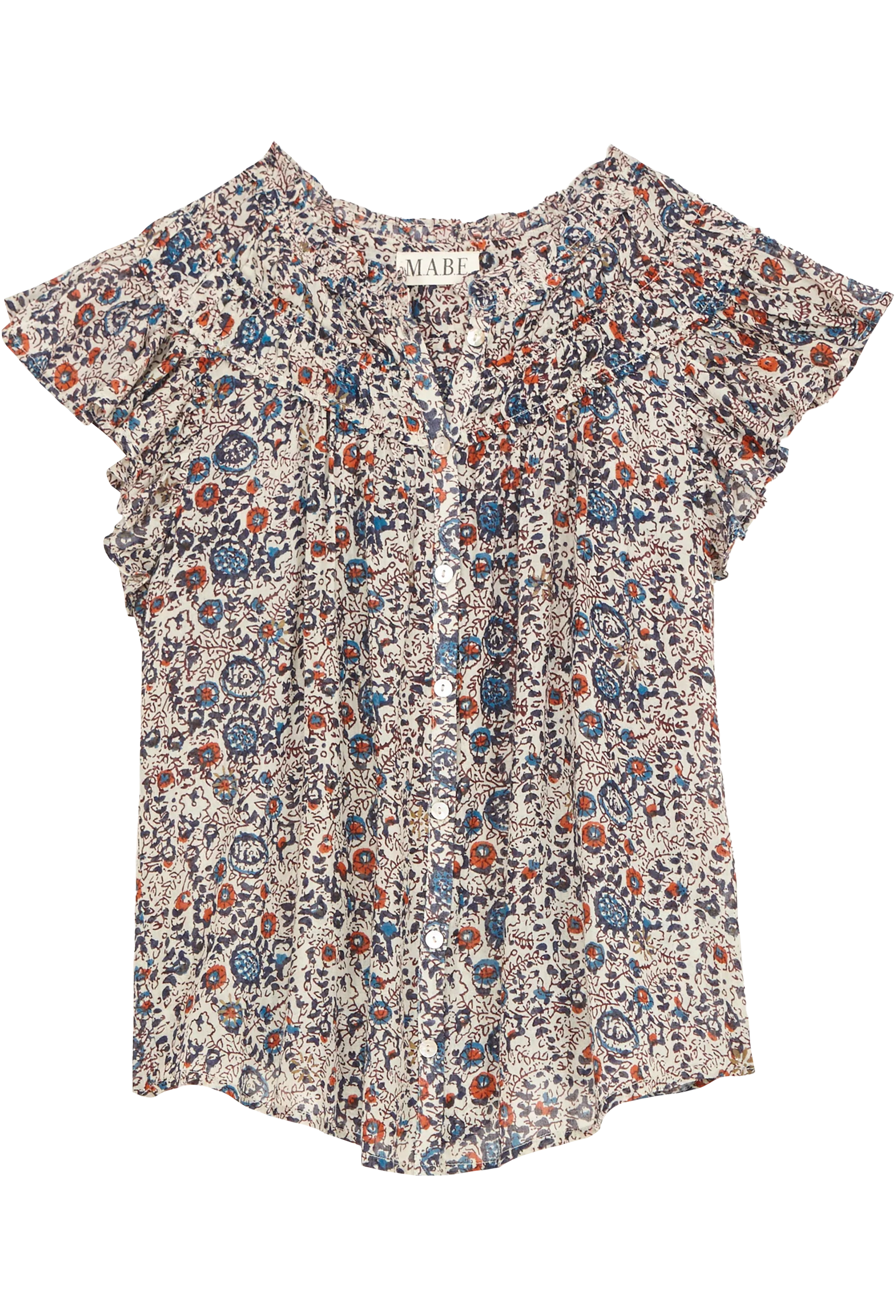 a frilly short sleeve top with a floral print on a white background