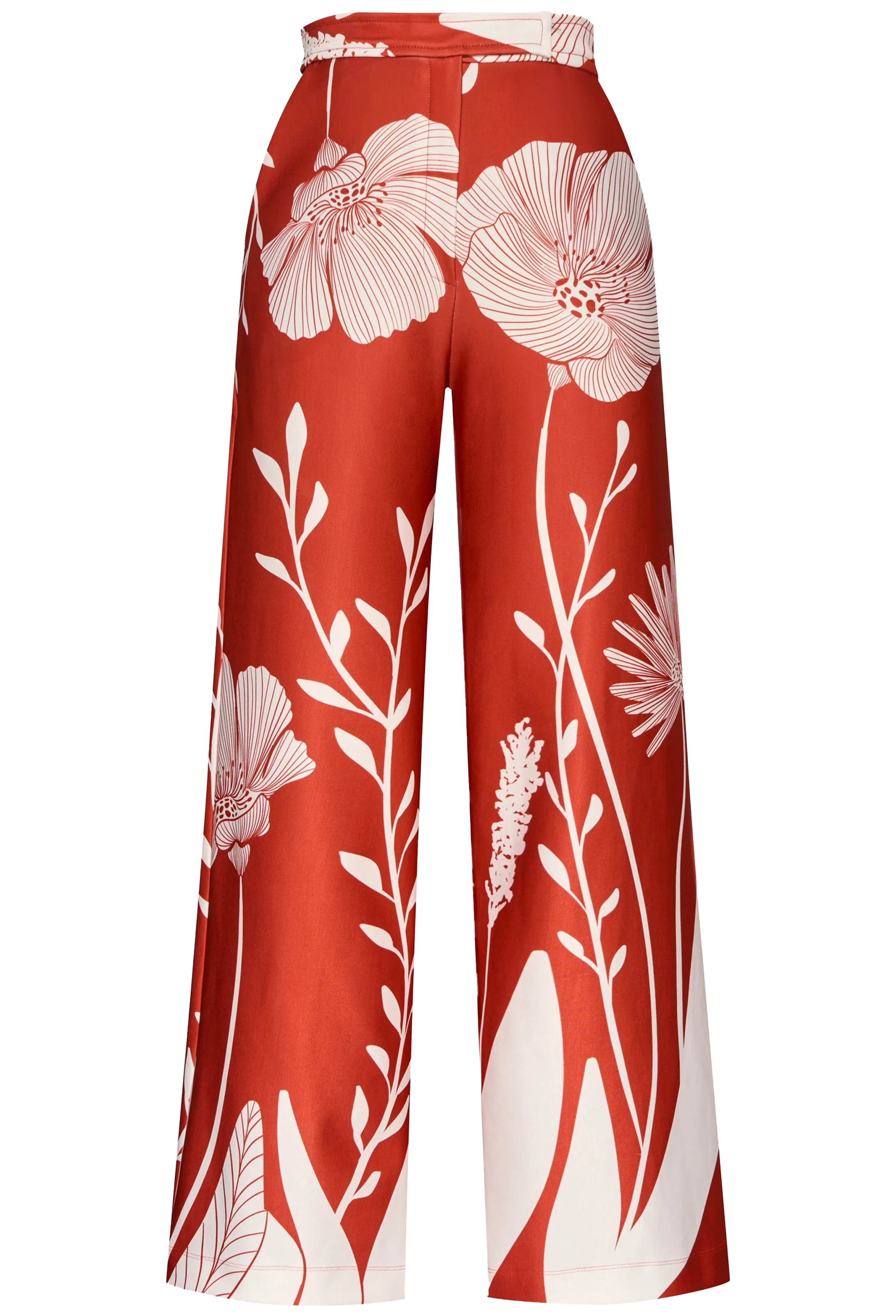 Red pants with white floral pattern on a white background