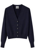 Navy blue cardigan with buttons on a white background