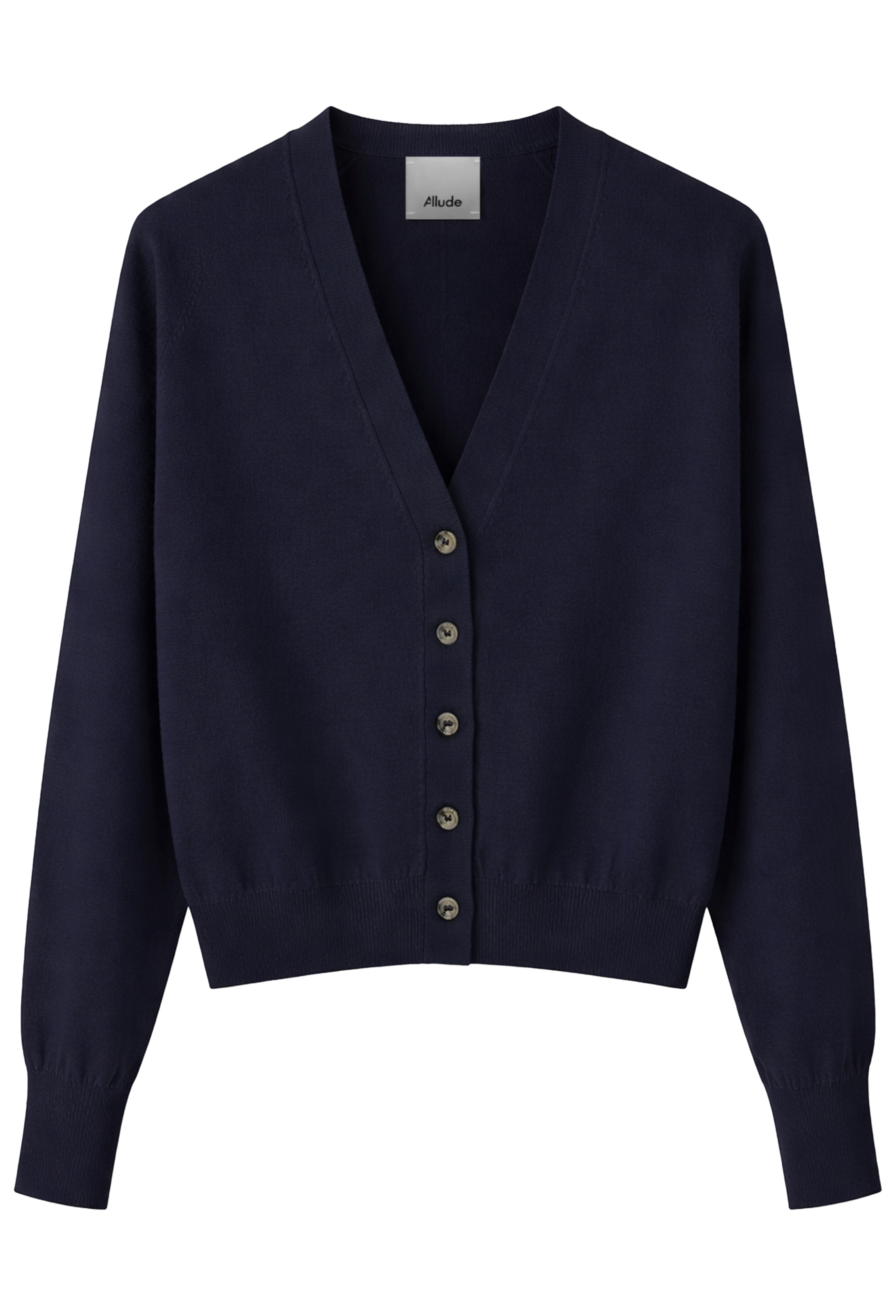 Navy blue cardigan with buttons on a white background