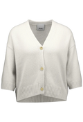 Light gray cardigan with button details on a white background