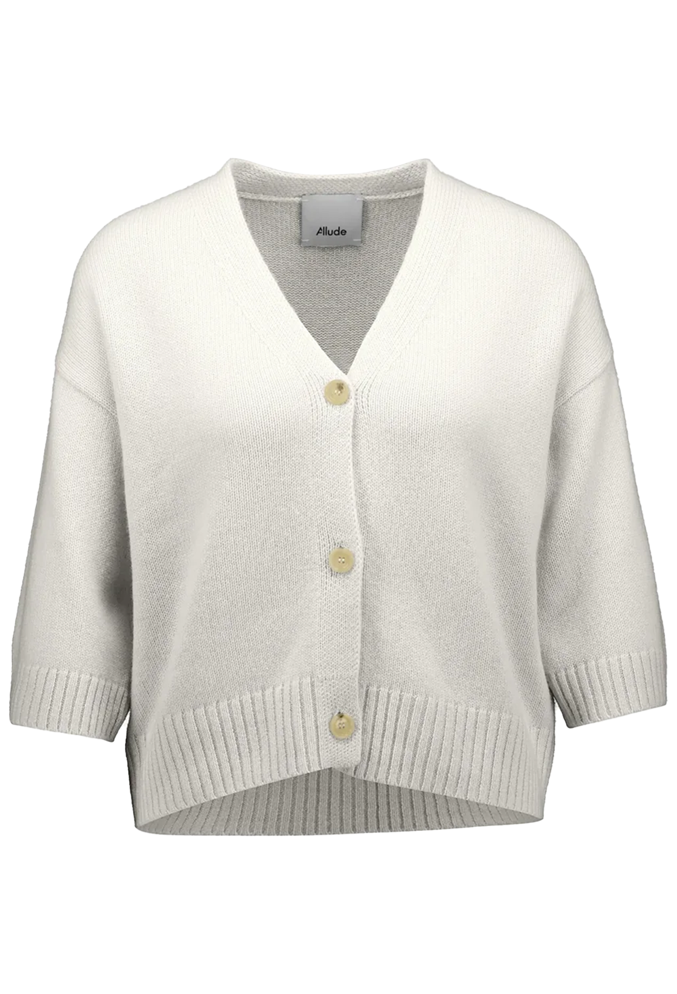 Light gray cardigan with button details on a white background