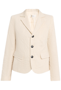 Beige blazer with black buttons on a white background