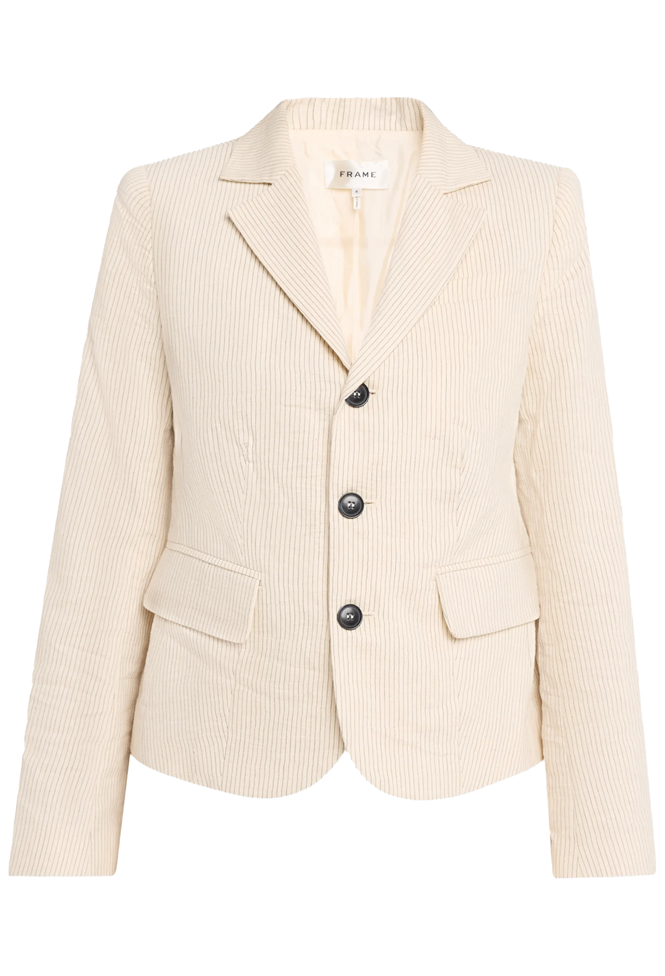 Beige blazer with black buttons on a white background