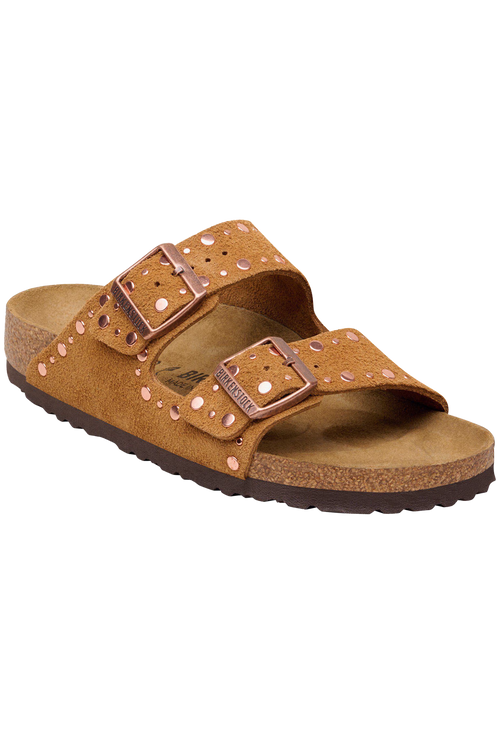 Brown sandal with two buckles on a white background