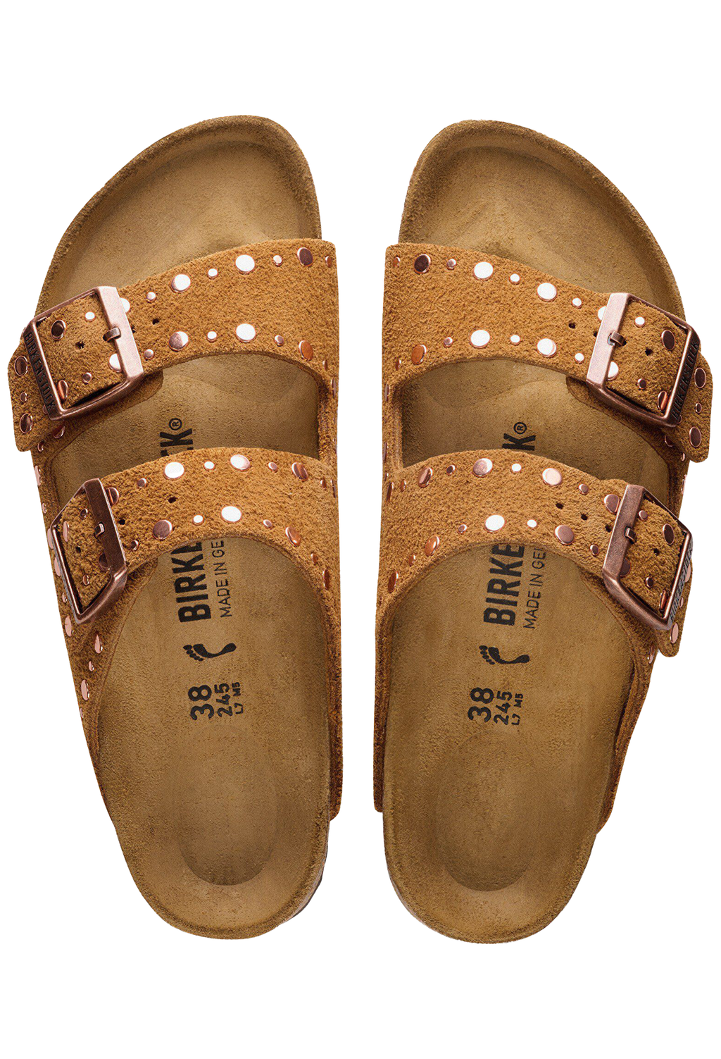 Pair of brown Birkenstock sandals with double straps on a white background