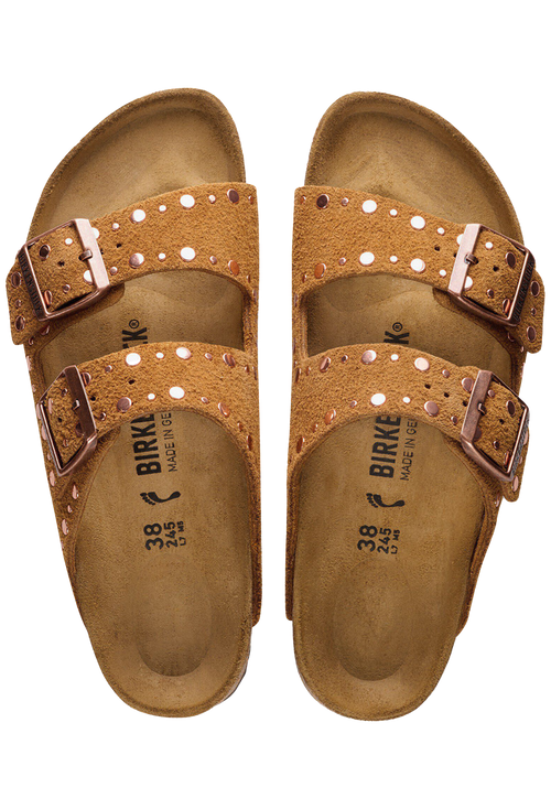 Pair of brown Birkenstock sandals with double straps on a white background