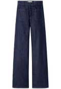 Pair of dark blue jeans on a white background