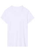 Plain white t-shirt on a light purple background