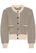 black and off white striped cardigan with black buttons on a white background
