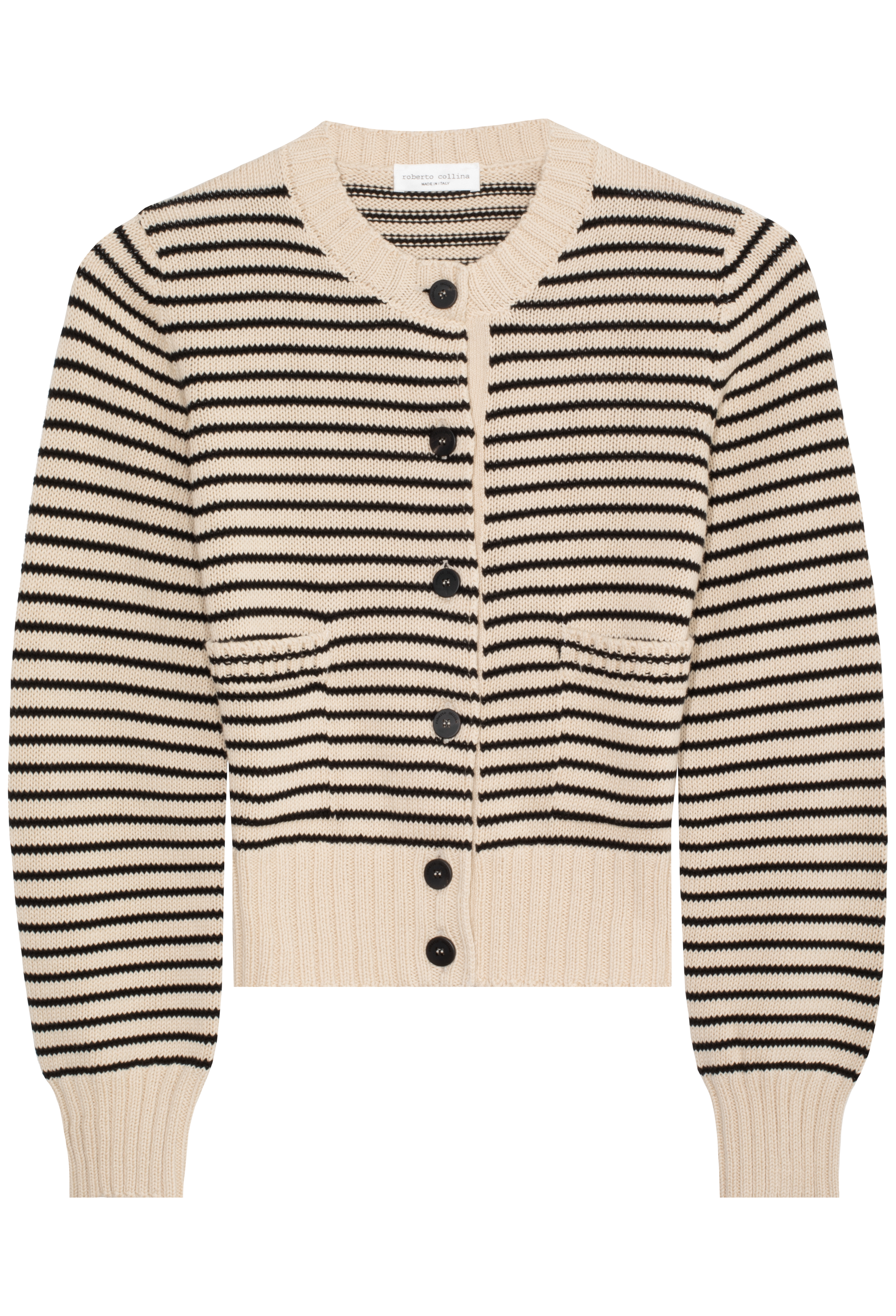 black and off white striped cardigan with black buttons on a white background